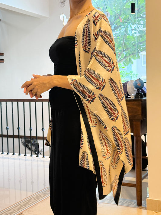 Ivory Leaf Ajrakh Modal Silk Kaftan Shrug