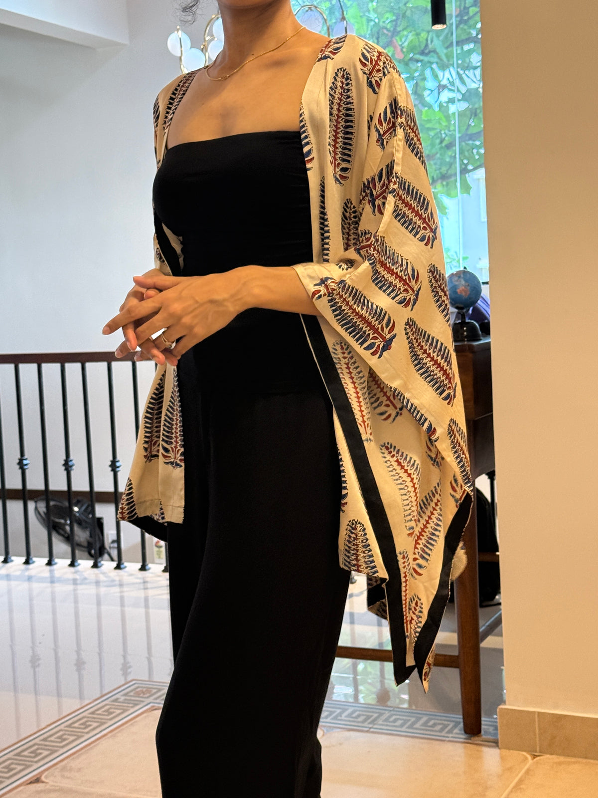 Ivory Leaf Ajrakh Modal Silk Kaftan Shrug