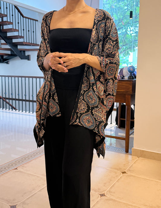 Black Ajrakh Modal Silk Kaftan Shrug