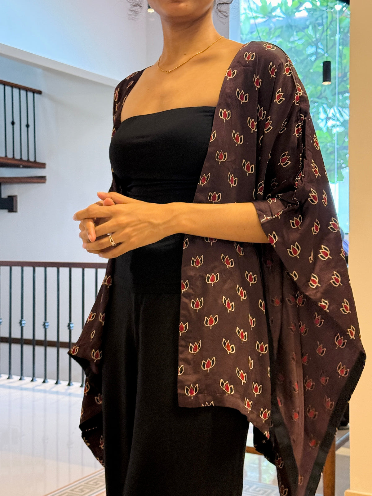 Brown Lotus Motif Ajrakh Modal Silk Kaftan Shrug