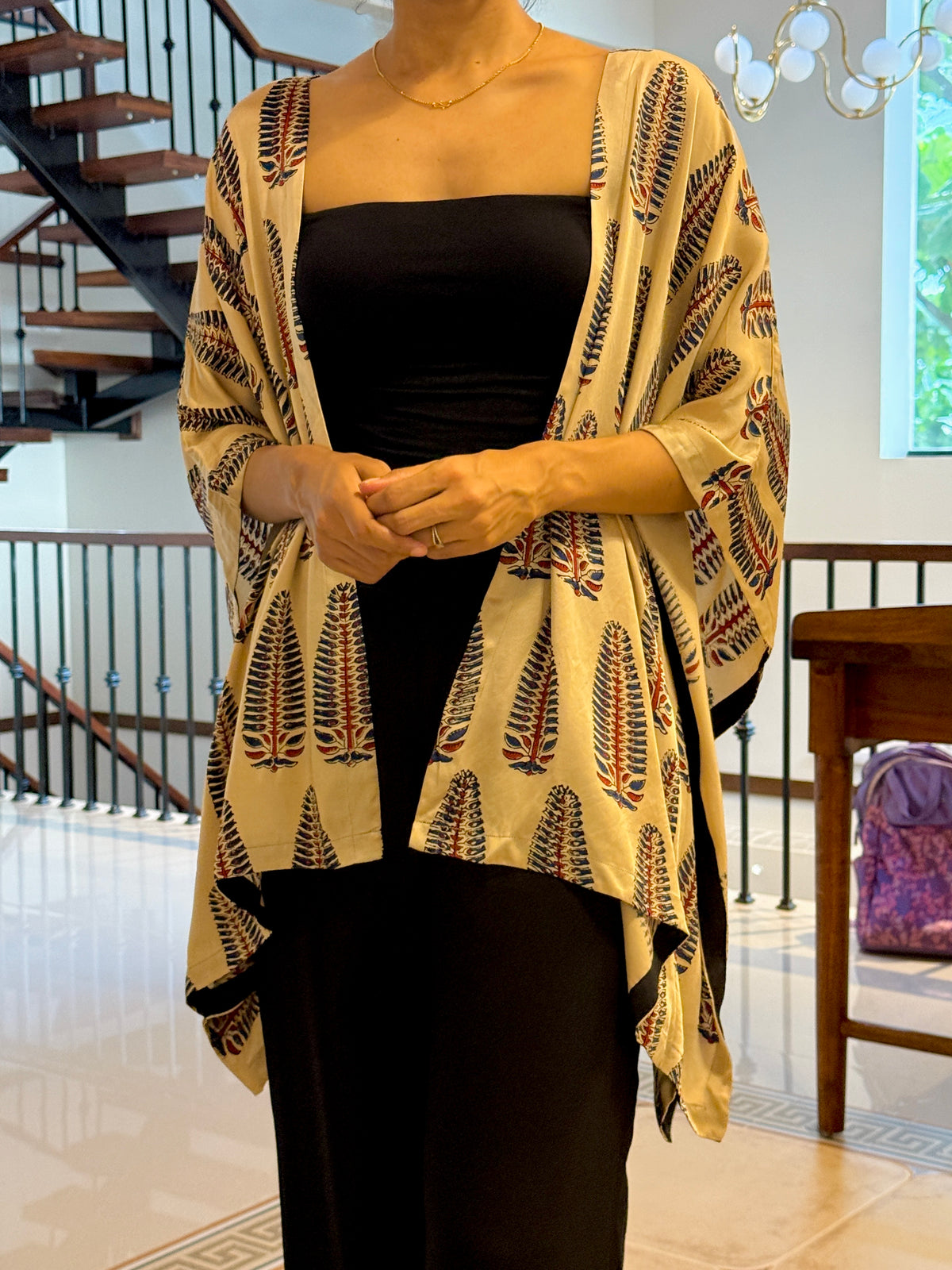 Ivory Leaf Ajrakh Modal Silk Kaftan Shrug