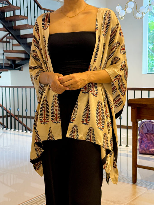 Ivory Leaf Ajrakh Modal Silk Kaftan Shrug