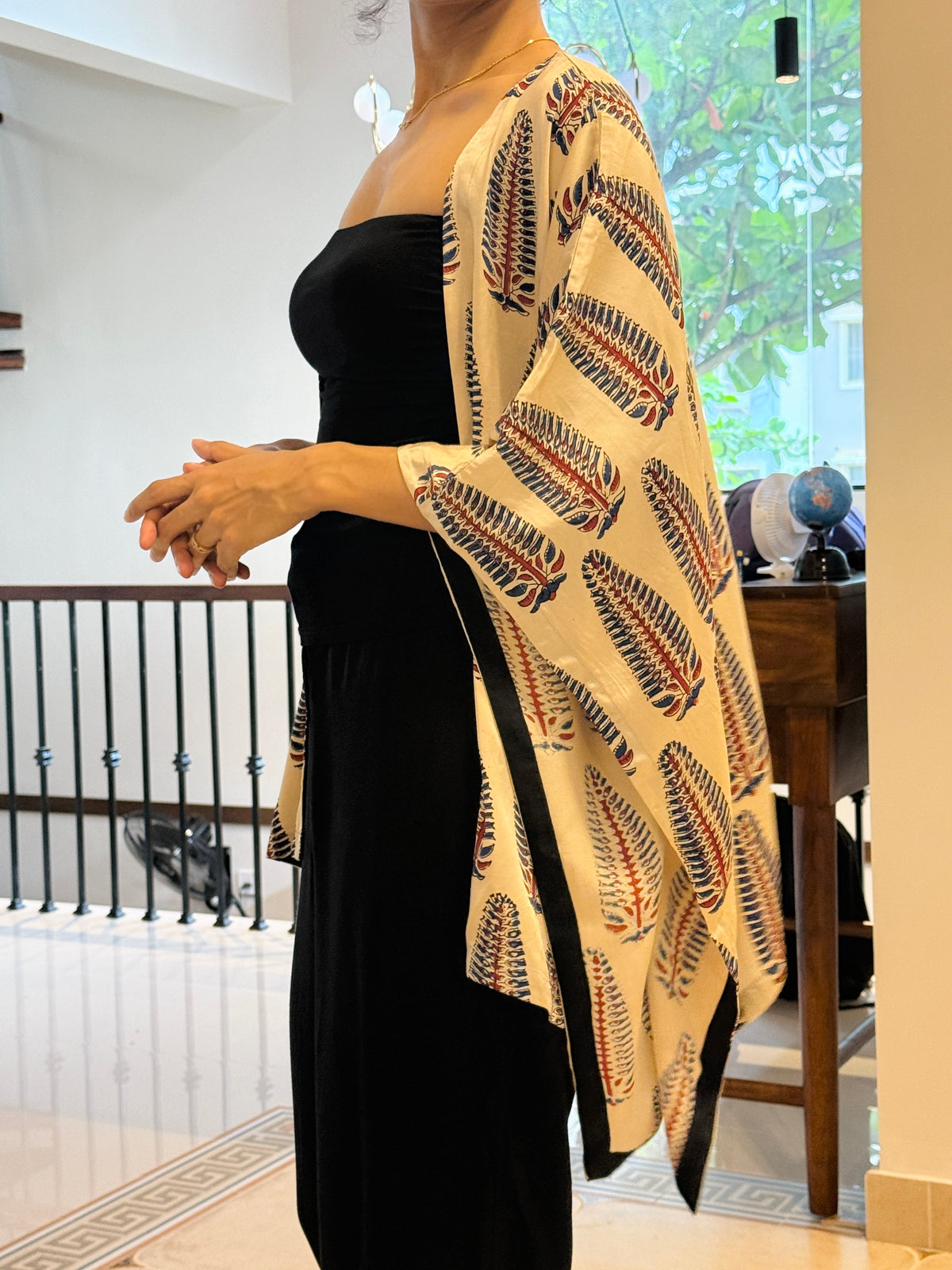 Ivory Leaf Ajrakh Modal Silk Kaftan Shrug
