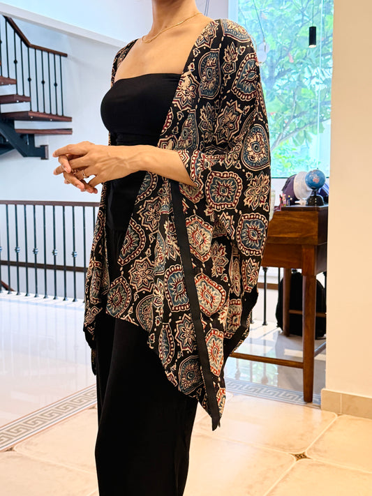 Black Ajrakh Modal Silk Kaftan Shrug