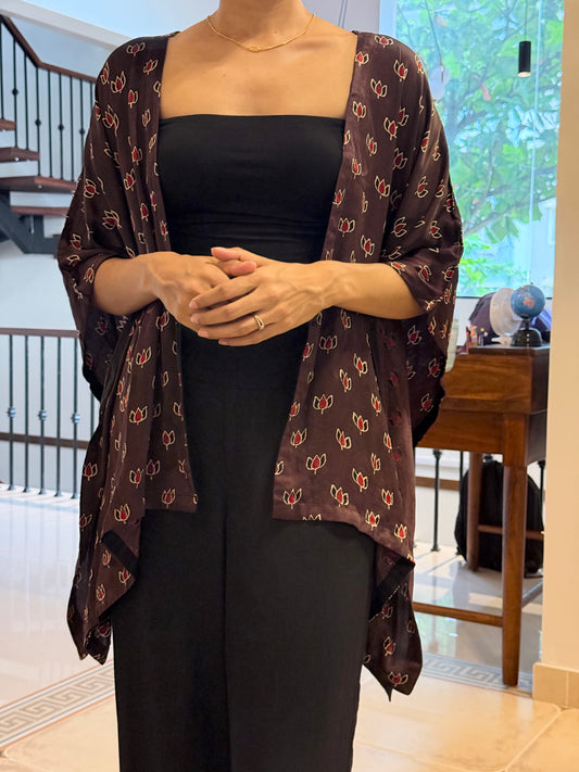 Brown Lotus Motif Ajrakh Modal Silk Kaftan Shrug