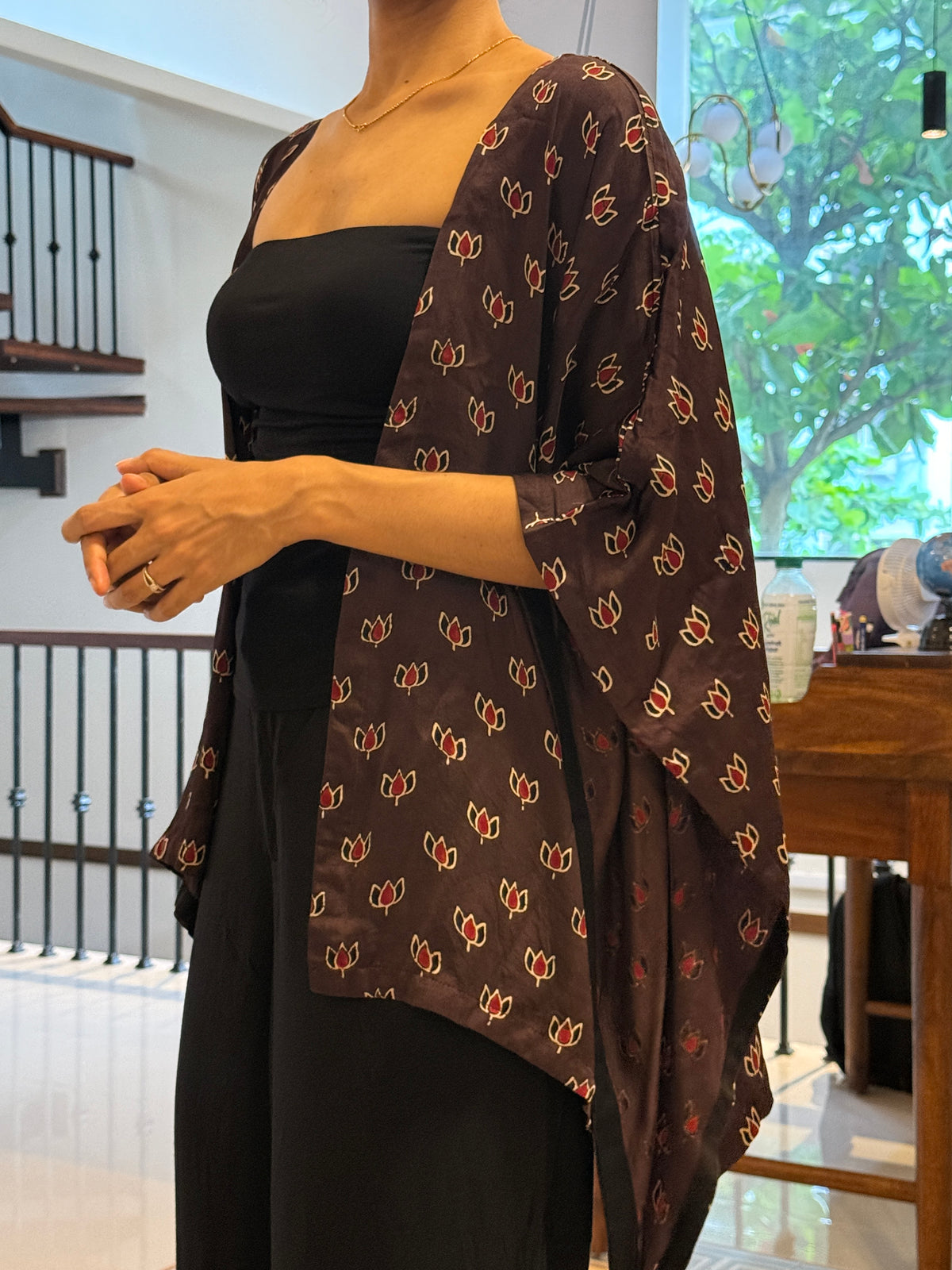 Brown Lotus Motif Ajrakh Modal Silk Kaftan Shrug